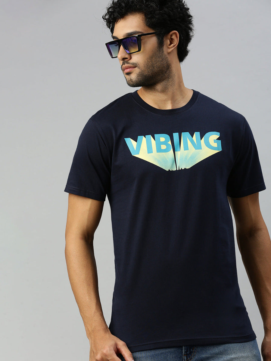 Navy Graphic Printed Round Neck Casual T-Shirt GT49-Front view