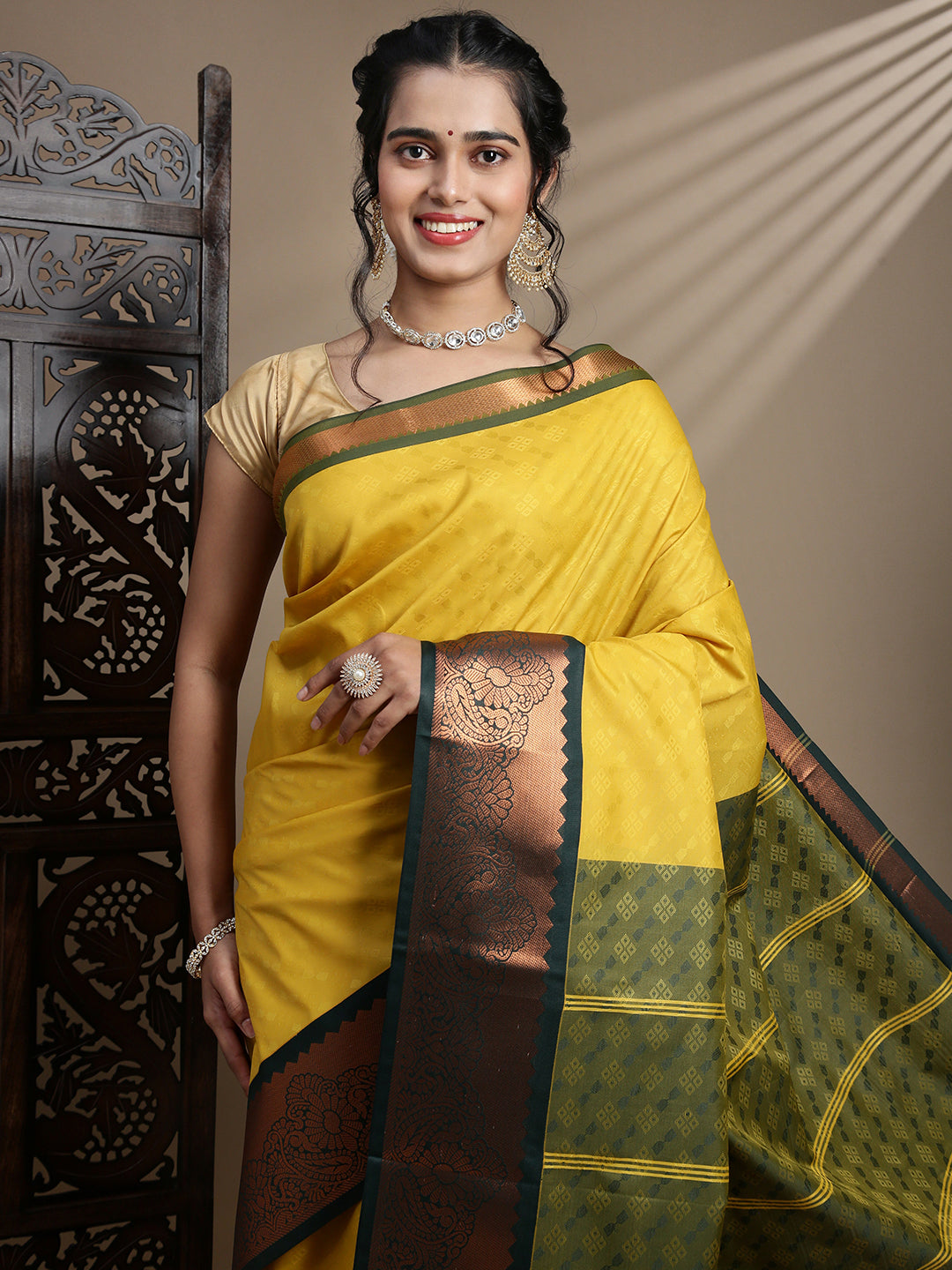 Women Yellow with Green Art Silk Saree ASS115