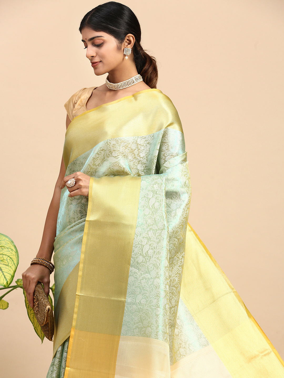 Women Semi Silk Tissue Weaving Saree Green SS279