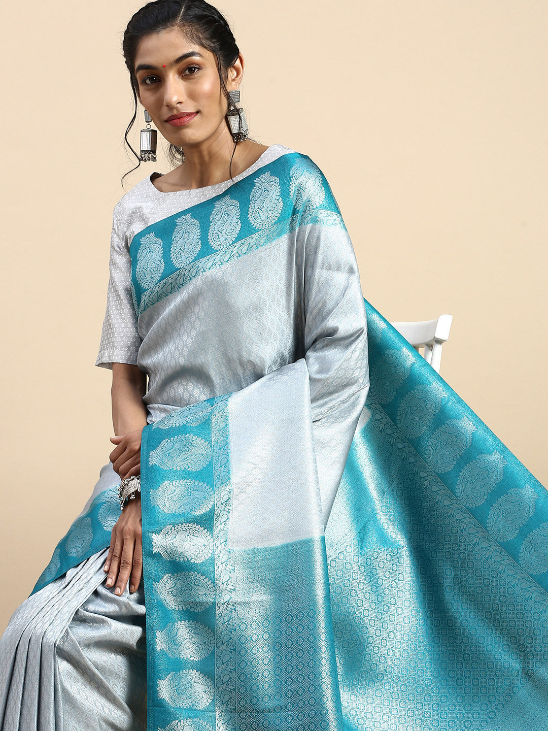 Womens Semi Silk All Over Design Light Grey Saree with Contrast Blue Zari Border ASW03