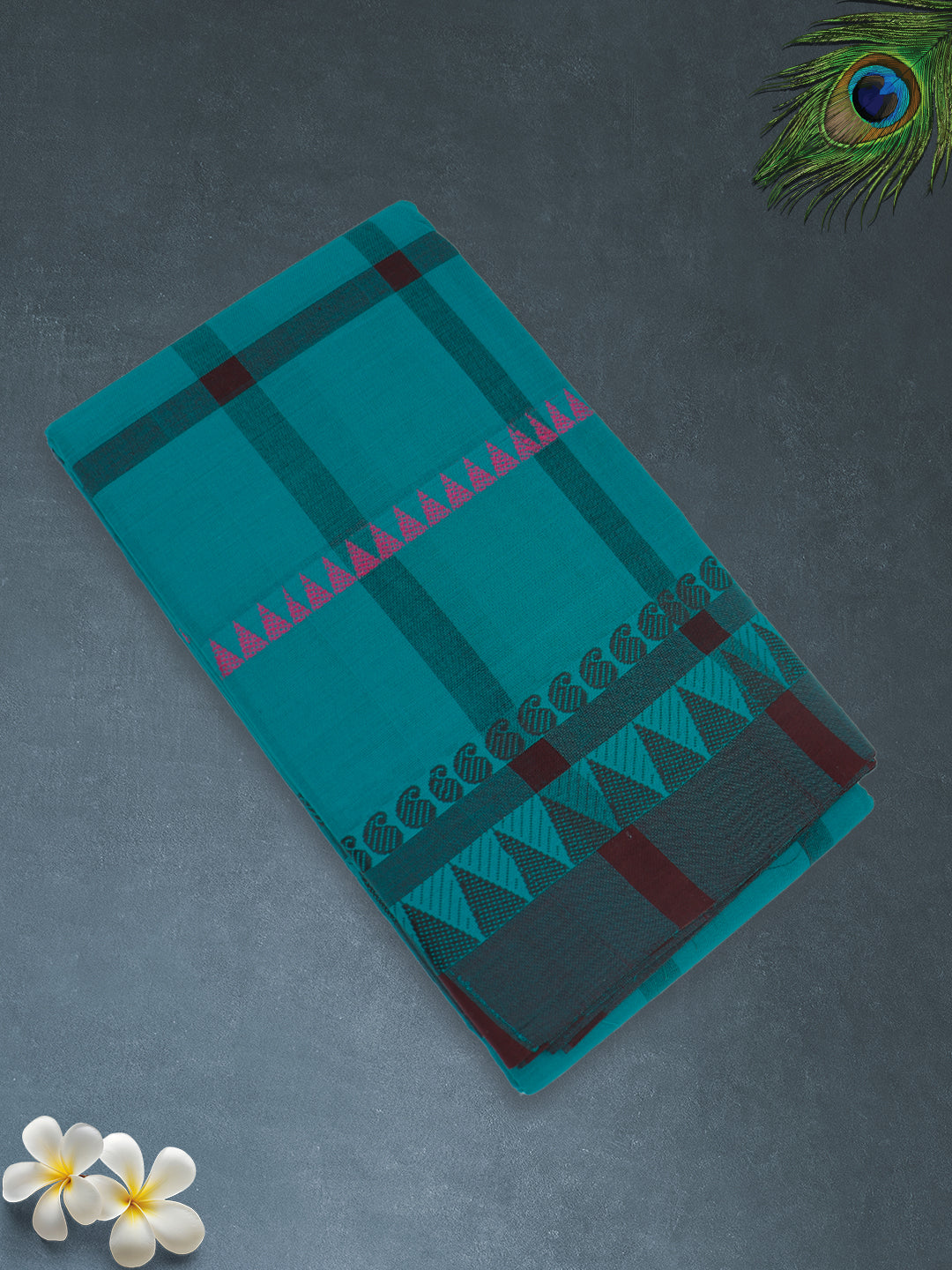 Women Teal Blue Checks Pure Chettinad Cotton Saree PCS224