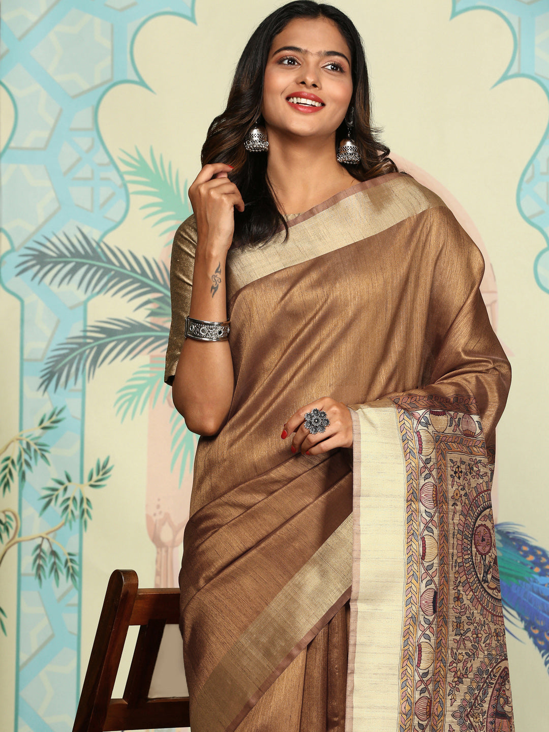 Women Semi Raw Silk Saree Brown SRS63