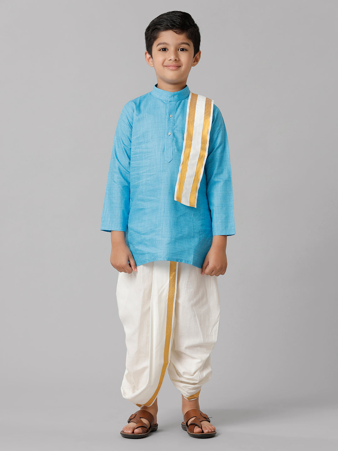 Boys Cotton Sky Blue Kurta with Cream Elastic Panchakacham Towel Combo FS4