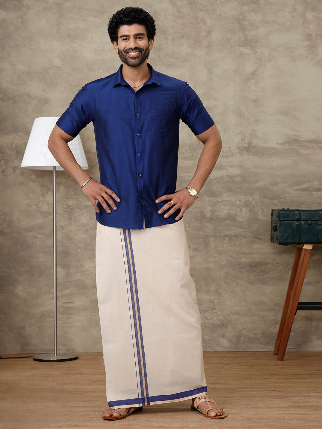 Men Blue Silk Cotton Shirt With Matching Border Tissue Dhoti Set CCB Fortune