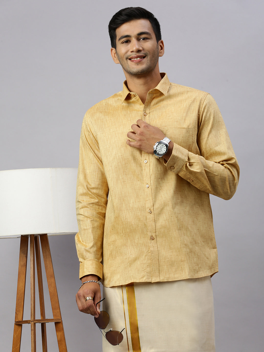 Mens Rich Cotton Gold Colour Full Sleeves Shirt with  Matching Jari Border Tissue Dhoti Set Glossy