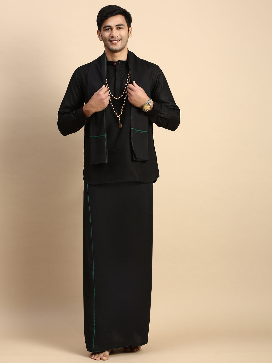 Men Devotional Small Border Dhoti with Towel & Kurta Set Black KP6