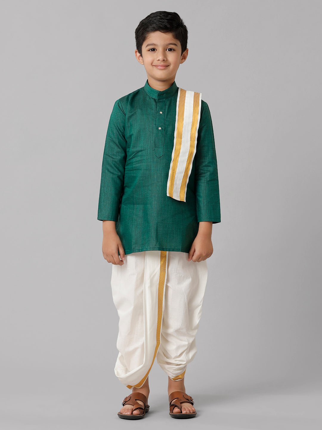 Boys Cotton Dark Green Kurta with Cream Elastic Panchakacham Towel Combo FS5