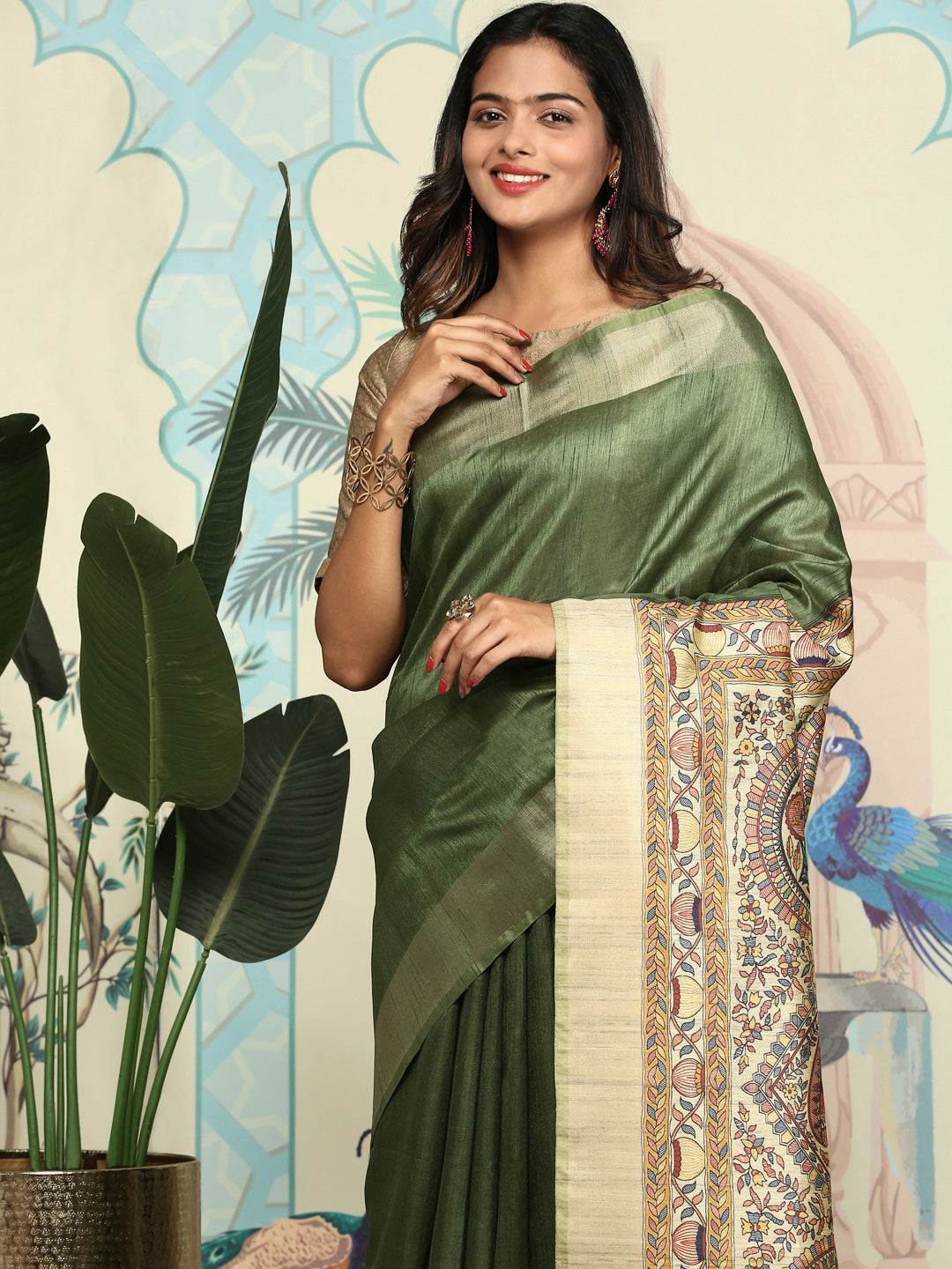 Women Semi Raw Silk Saree Green SRS65