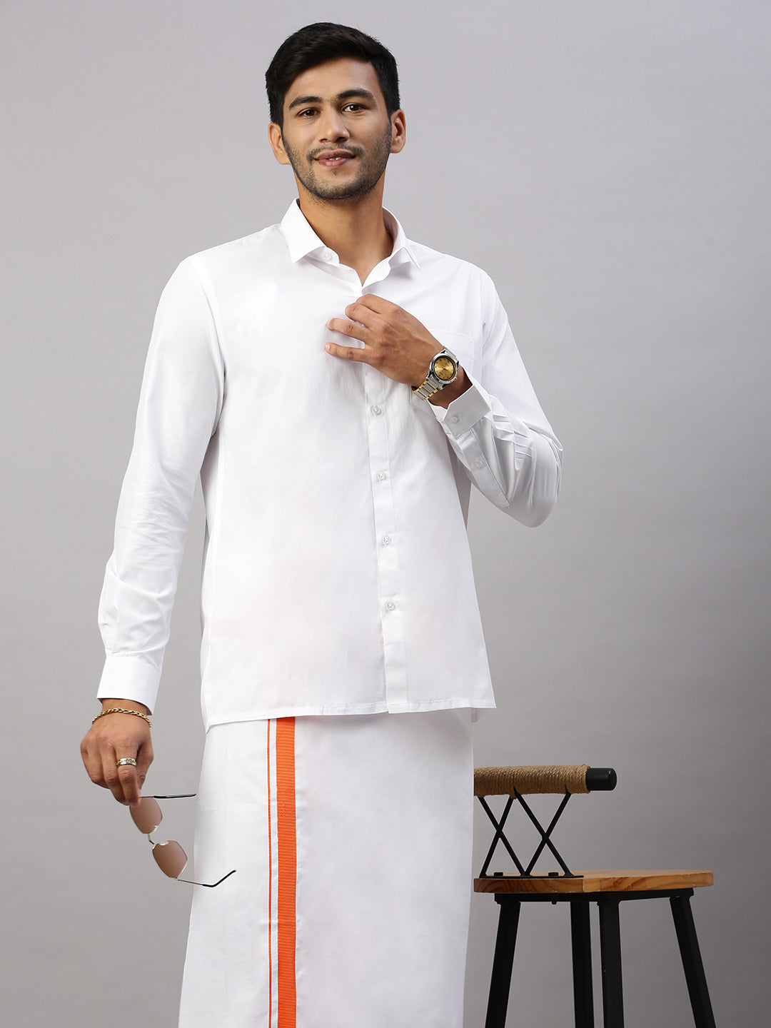 Mens Elegant Look Cotton Single Dhoti with Orange Fancy Border