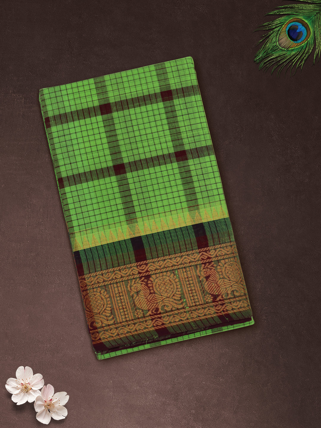 Women Green Checks Pure Chettinad Cotton Saree PCS230