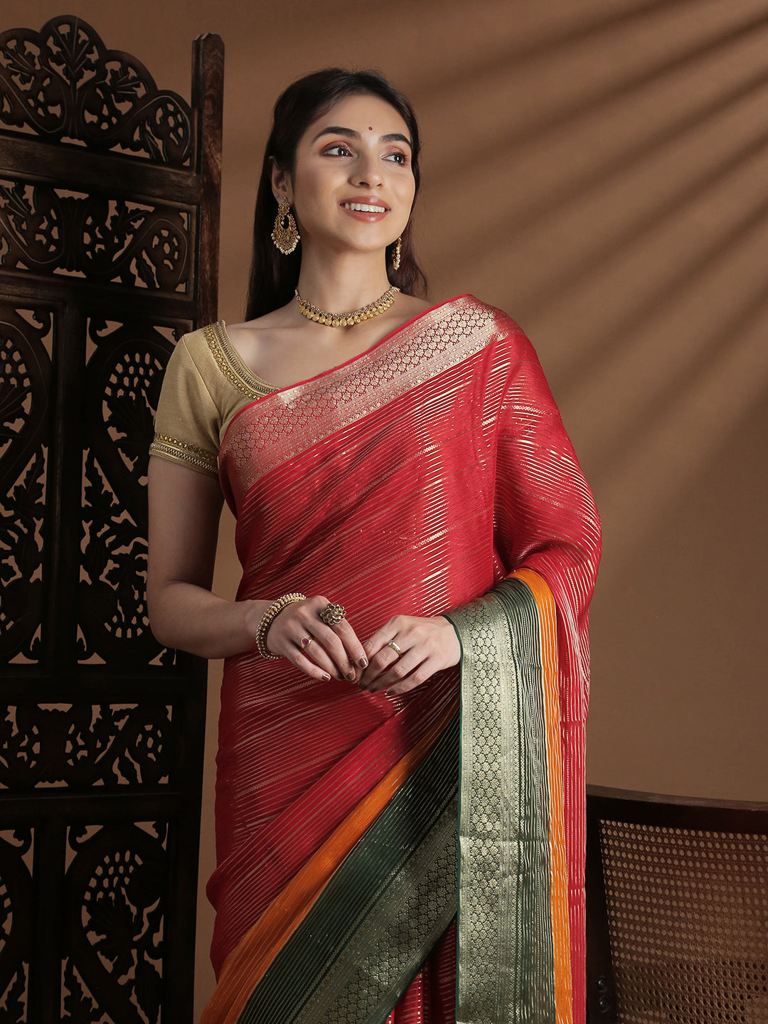 Women Semi Mysore Silk Saree Red with Orange SS396