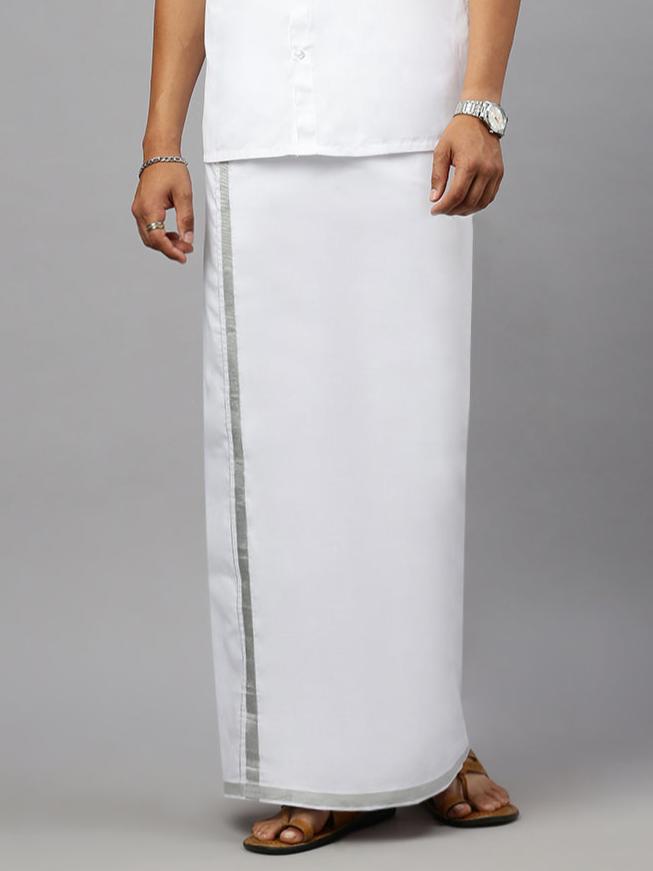 Mens White Double Dhoti with Silver Jari Border Statesman