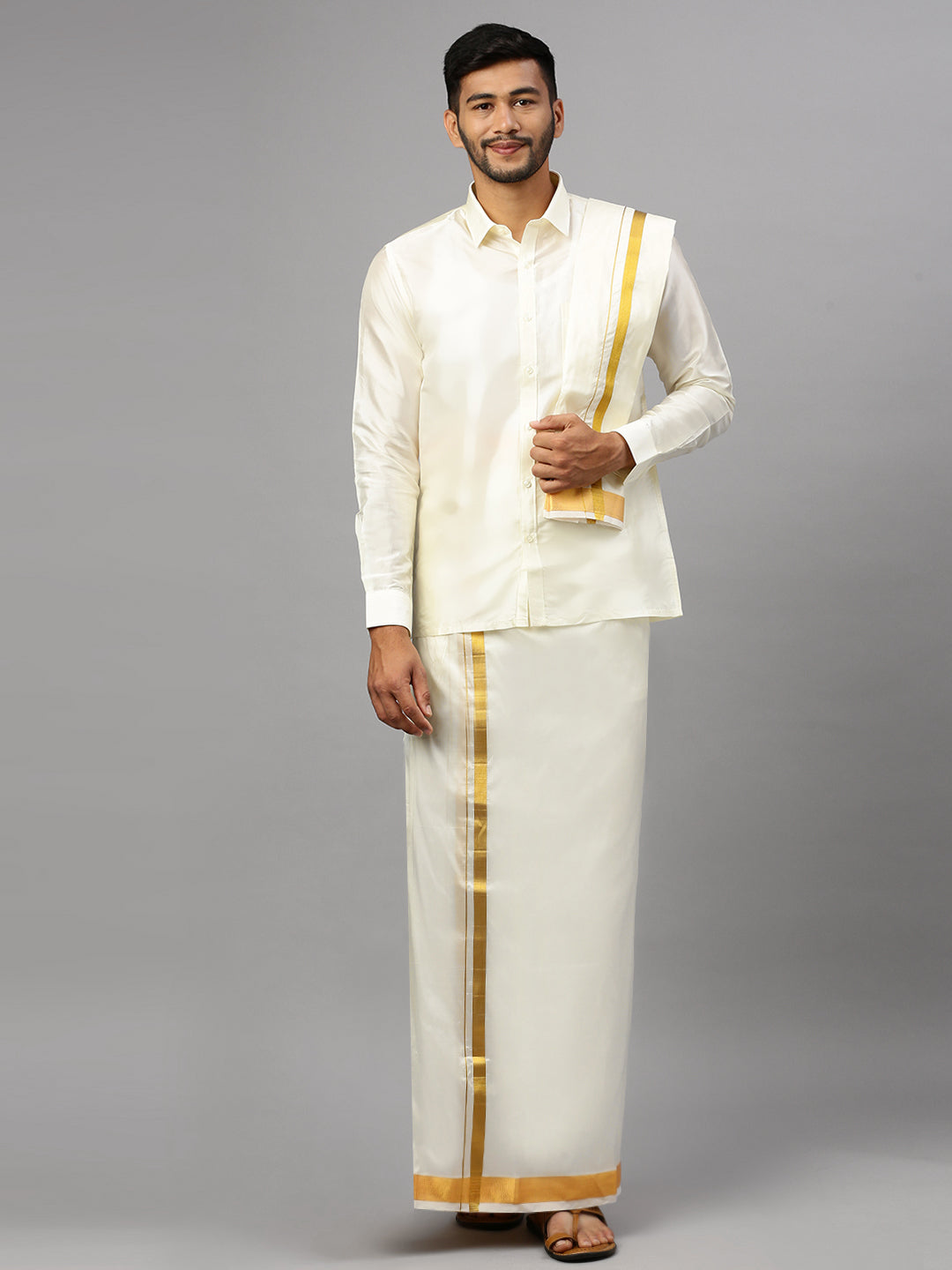 Men Cream Art Silk Full Sleeves Shirt, Double Dhoti & Towel Combo