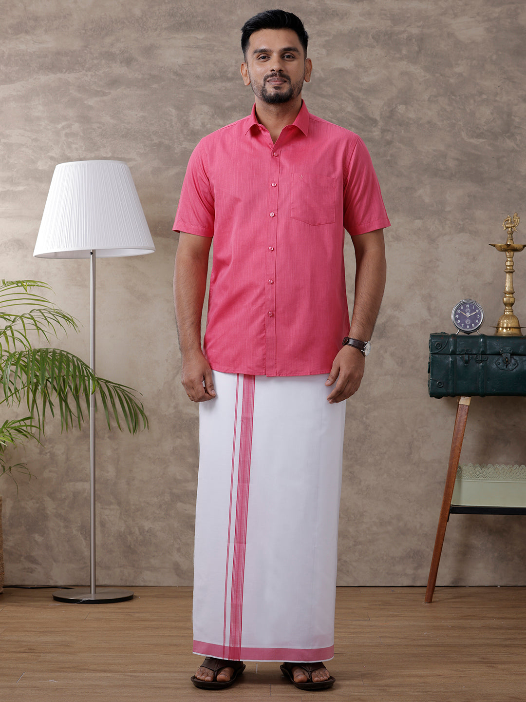 Mens Pink Matching Border Dhoti & Half Sleeves Shirt Set Evolution IC2