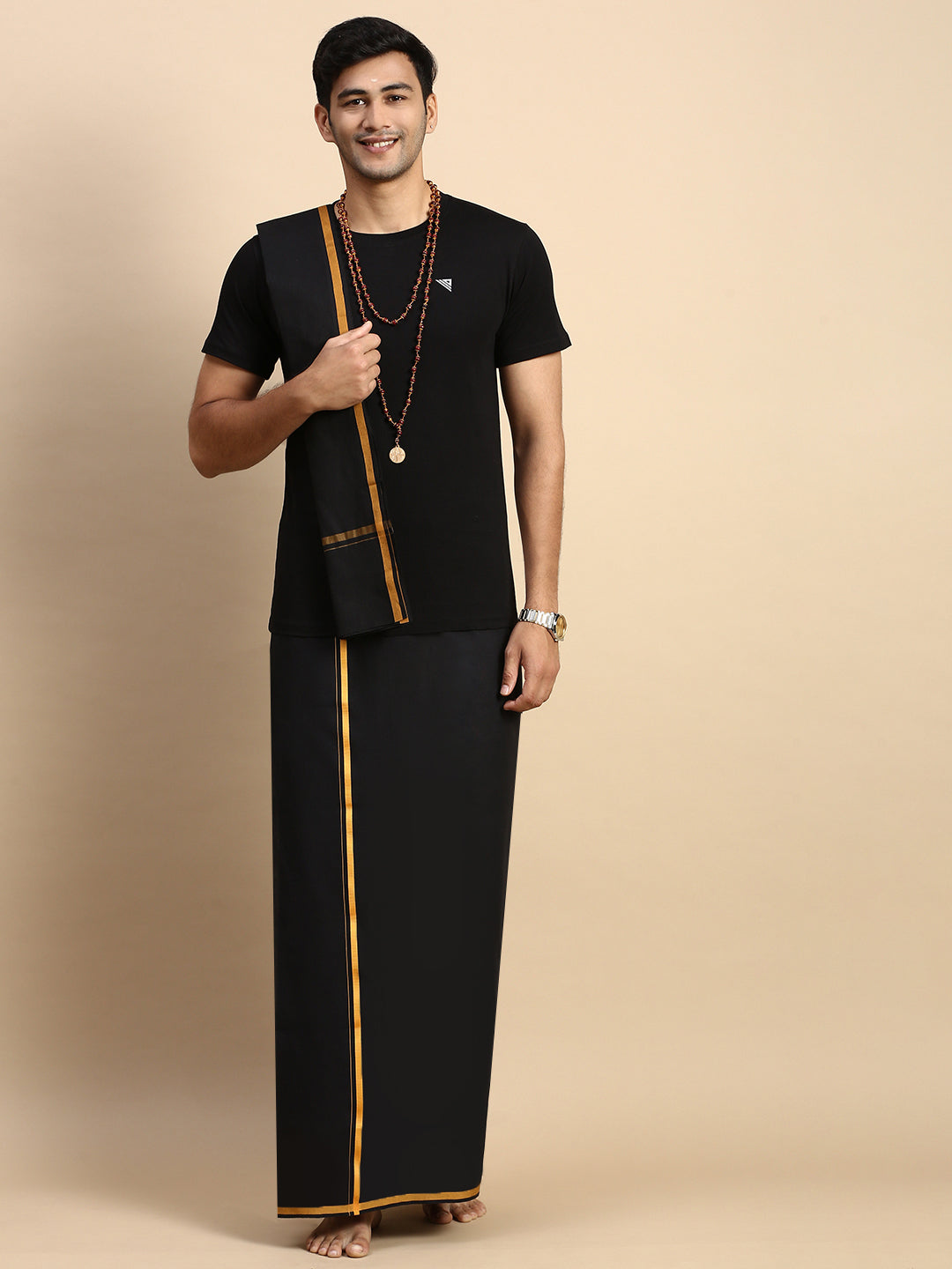 Men Devotional Big Border Dhoti with Towel & TShirt Set Black ET14