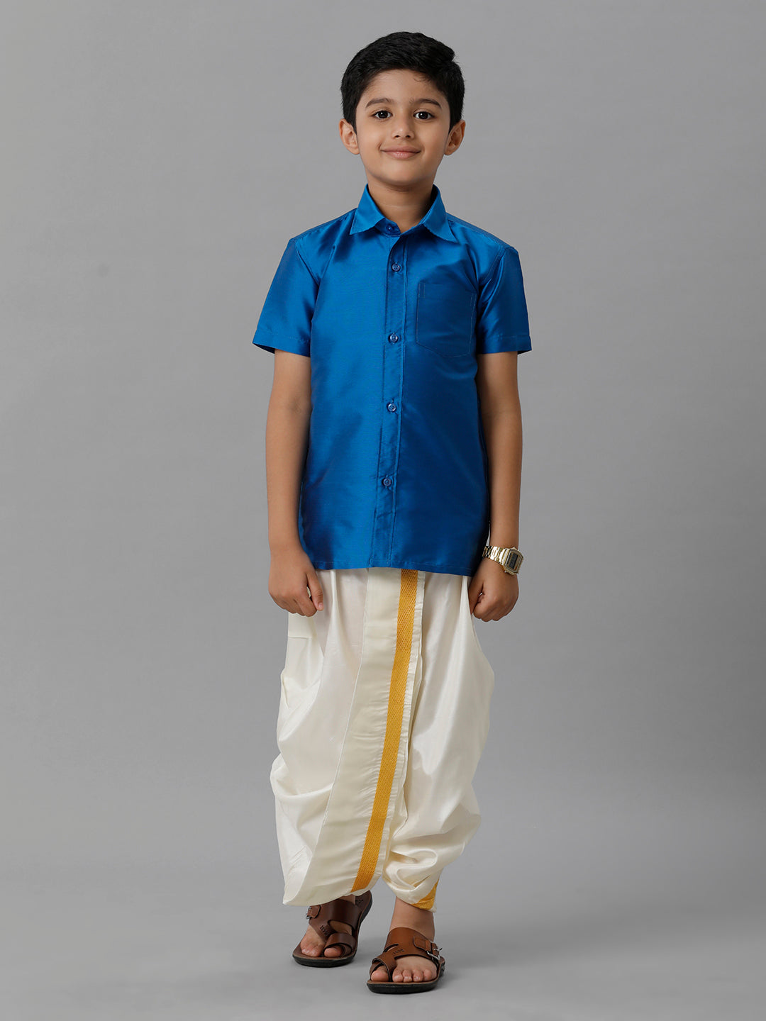 Boys Silk Cotton Royal Blue Half Sleeves Shirt with Soft Silk Panchakacham Combo K10-Full view