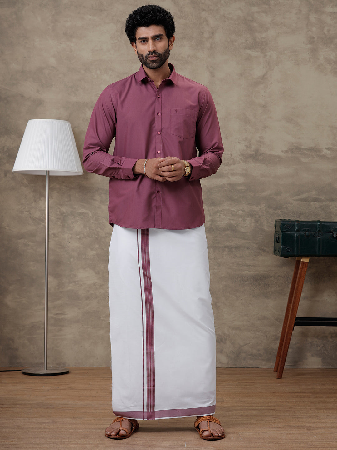 Men Wine Berry Shirt With Matching Border Dhoti Set Trendy