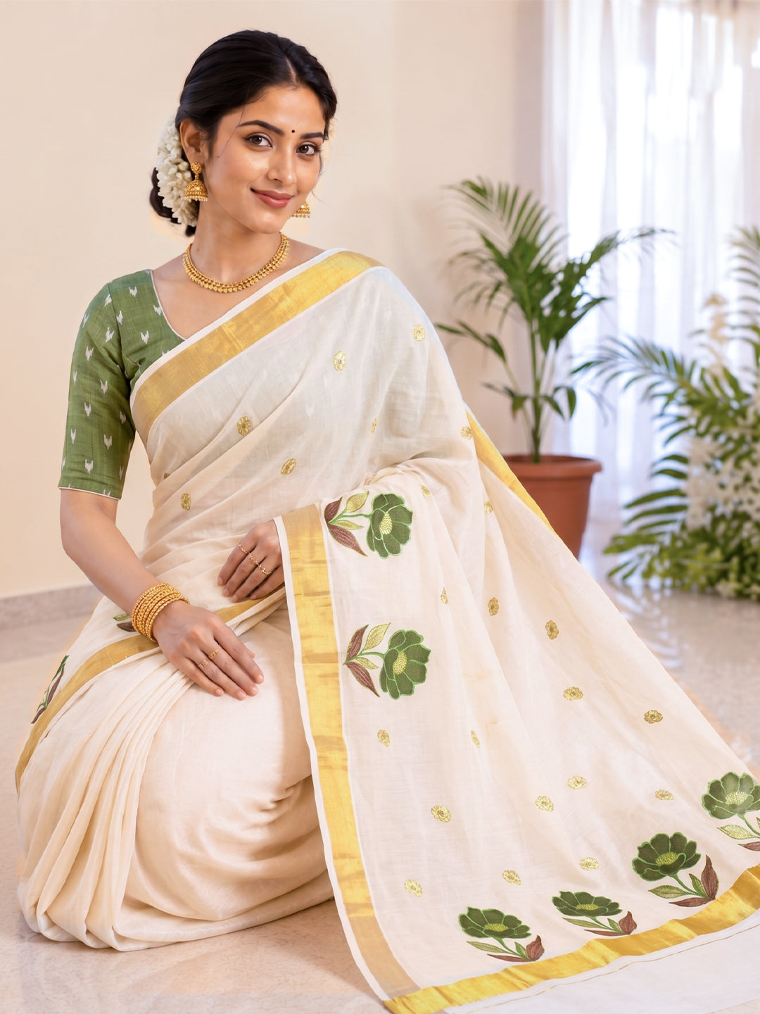 Women Kerala Embroidered Cream Saree KLS02