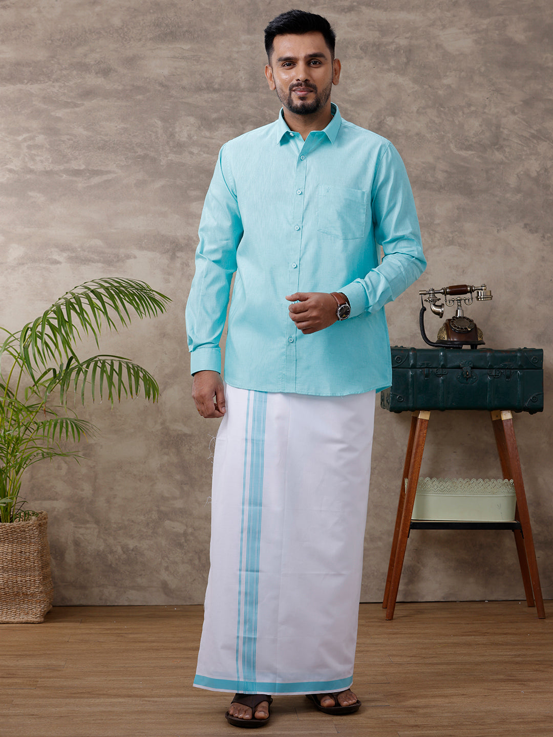 Men Matching Border Dhoti & Full Sleeves Shirt Set Blue C50