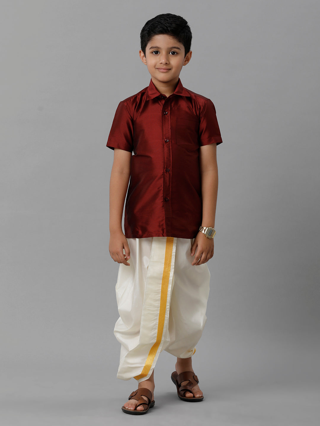 Boys Silk Cotton Maroon Half Sleeves Shirt with Soft Silk Panchakacham Combo K7