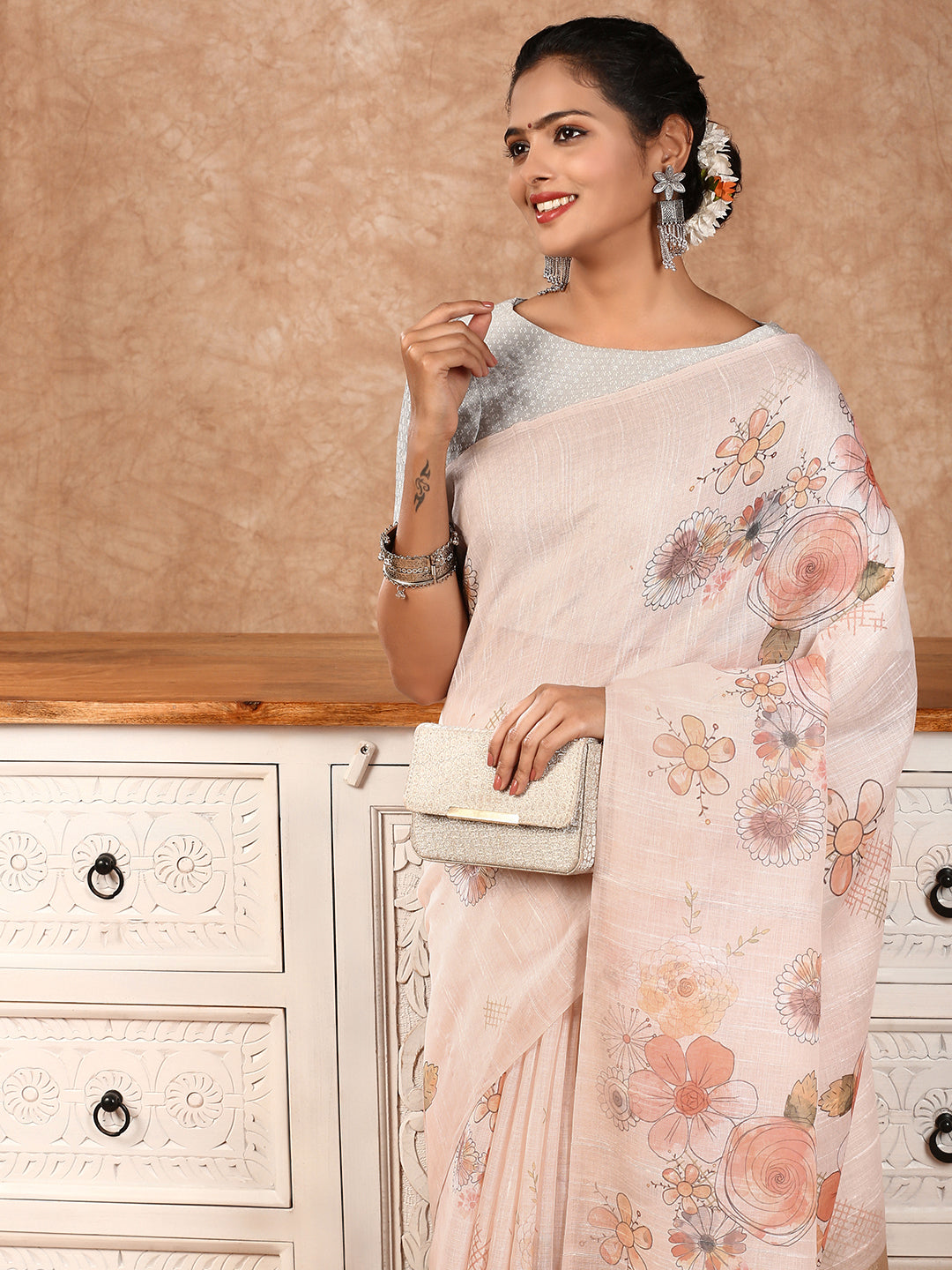 Women Semi Linen Saree Peach SL126