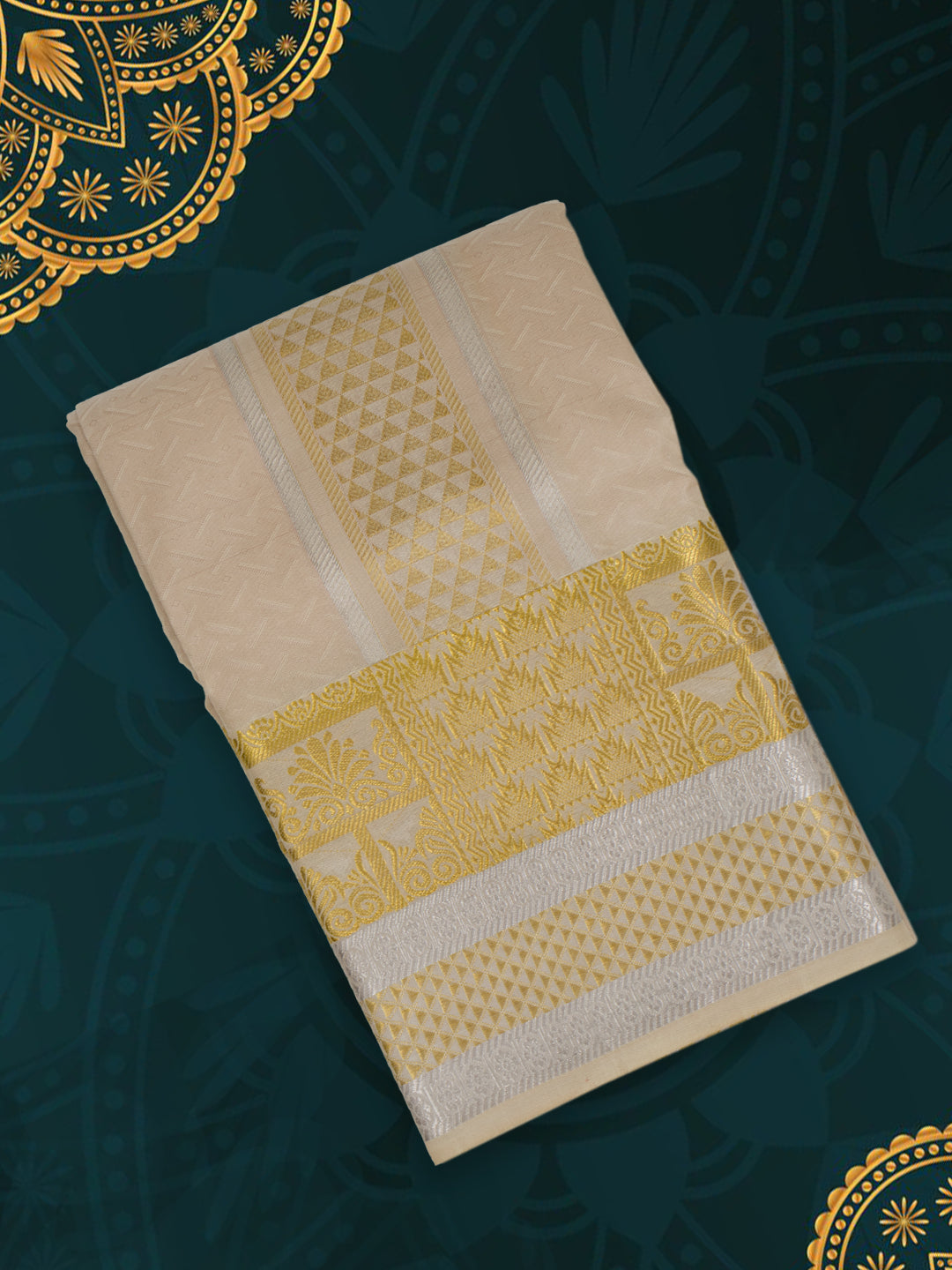 Men Pure Silk Light Peach Dhoti & Towel Set with 4" inch Fancy Jari Border TKC10