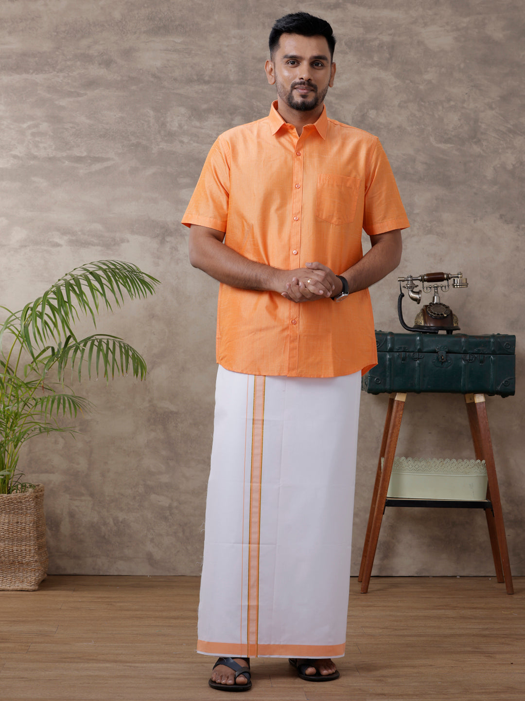 Mens Matching Jari Border Dhoti & Shirt Set Half Orange VB4