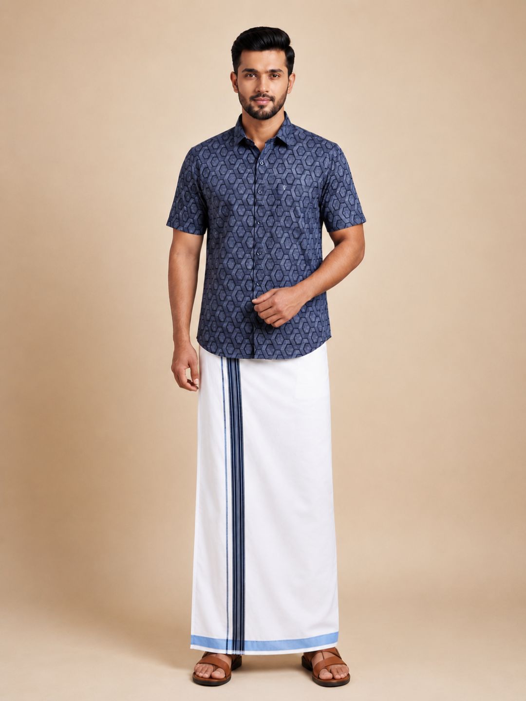 Men Navy Blue Matching Border Dhoti With Printed Shirt Set Fusion PS25