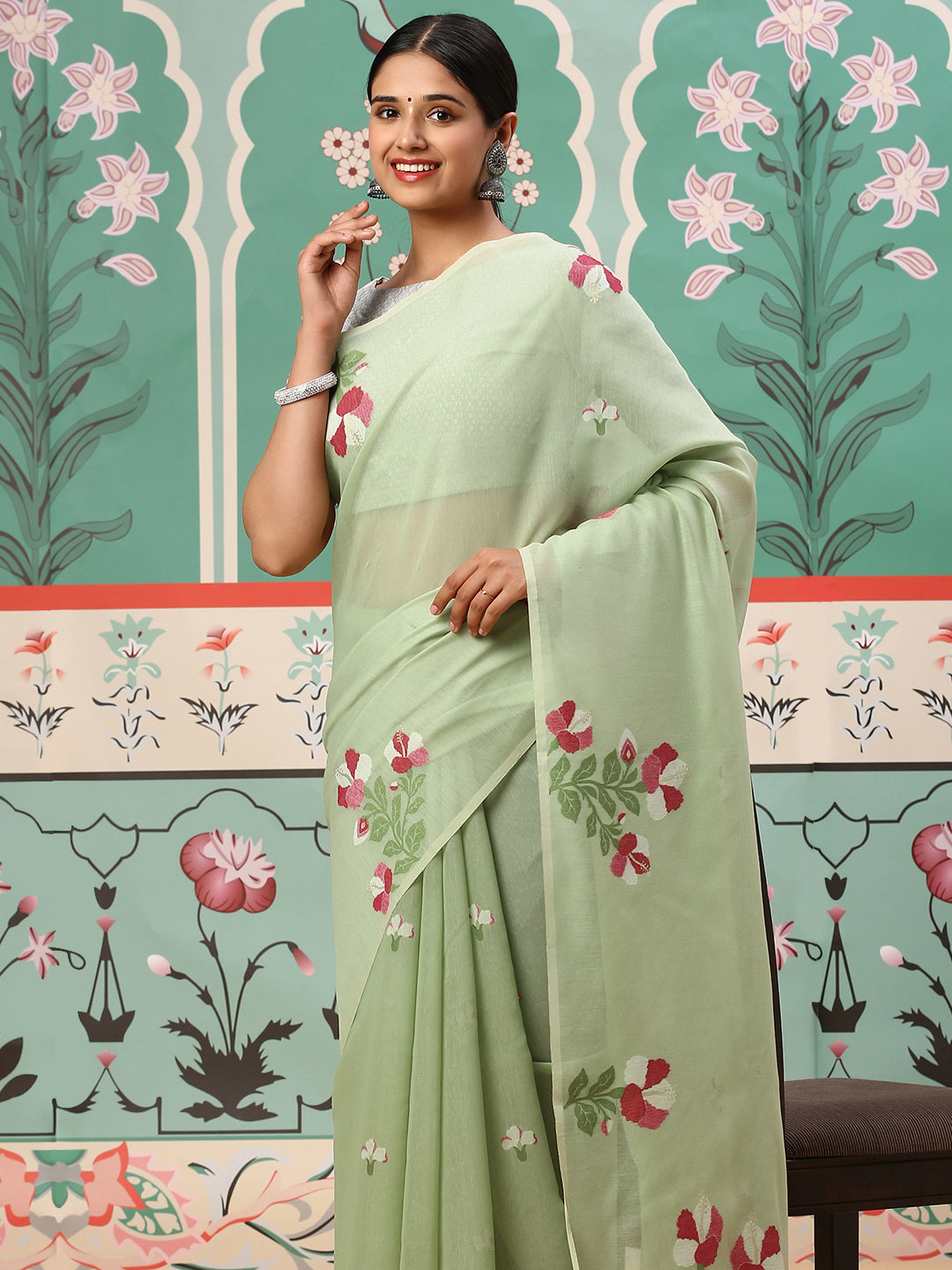 Womens Semi Cotton Saree Green SCS90