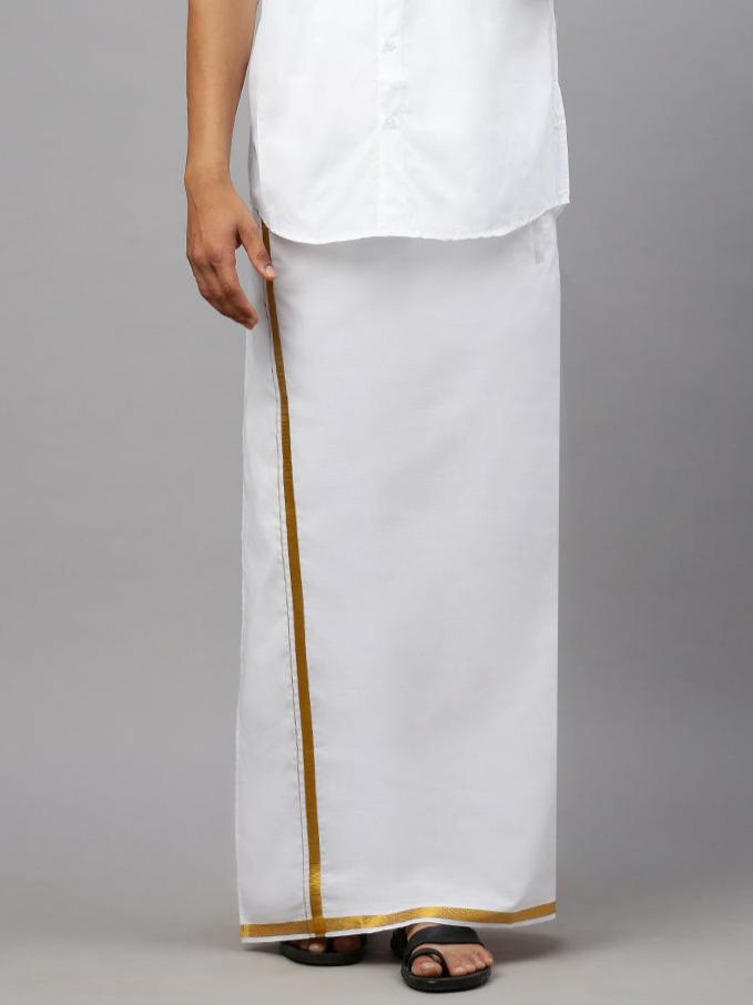 Men Readymade Double Layer Dhoti White with Gold Jari Border 708