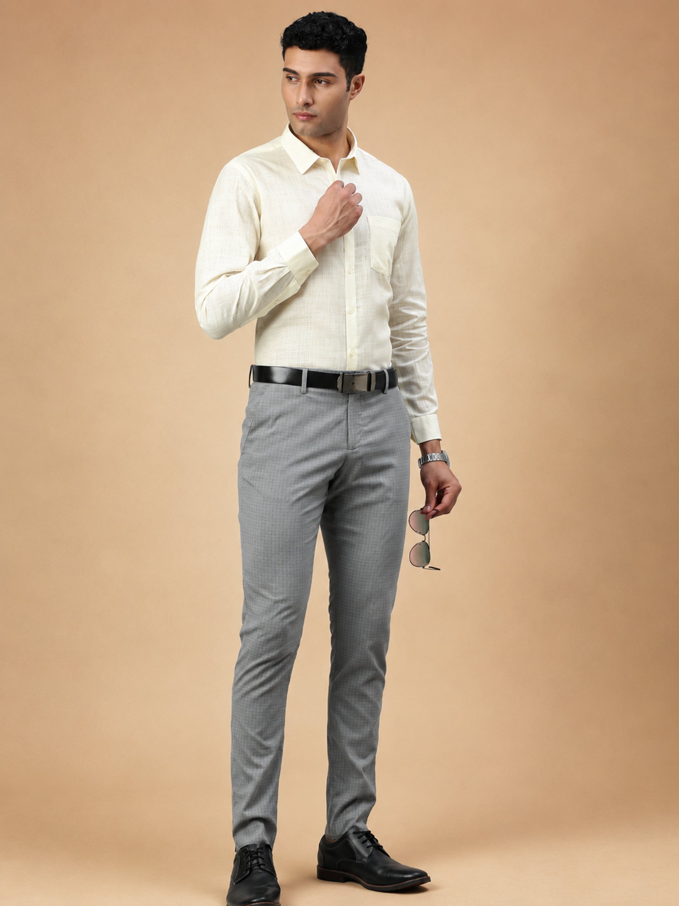 Cotton  Rich Self Design Cream Regular Fit Shirt Celebrity