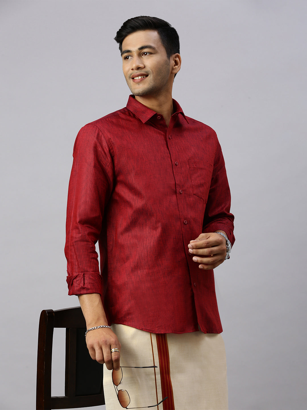 Couple Combo Shirt & Dhoti Set with Saree Maroon KS163