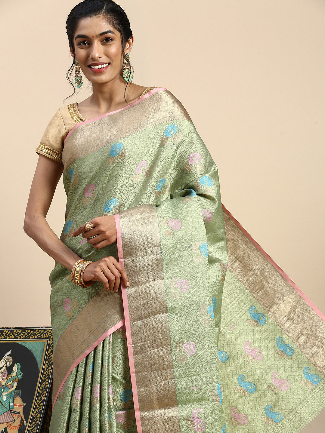 Semi Kora Cotton Allover Design Saree Green with Zari Border SKCW05-Front view