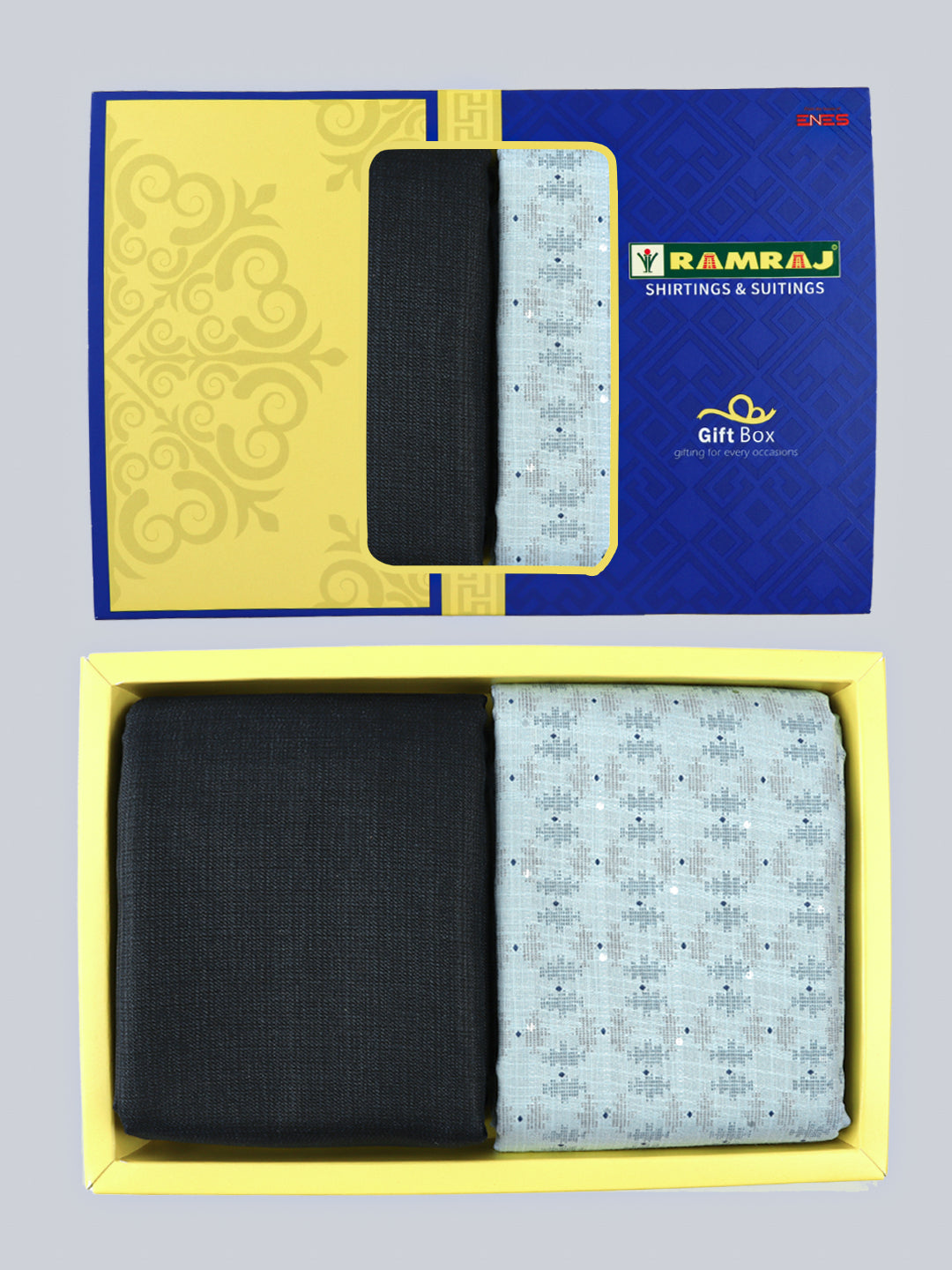 Men Cotton Blend Printed Blue Shirting & Black Suiting Gift Box ME201