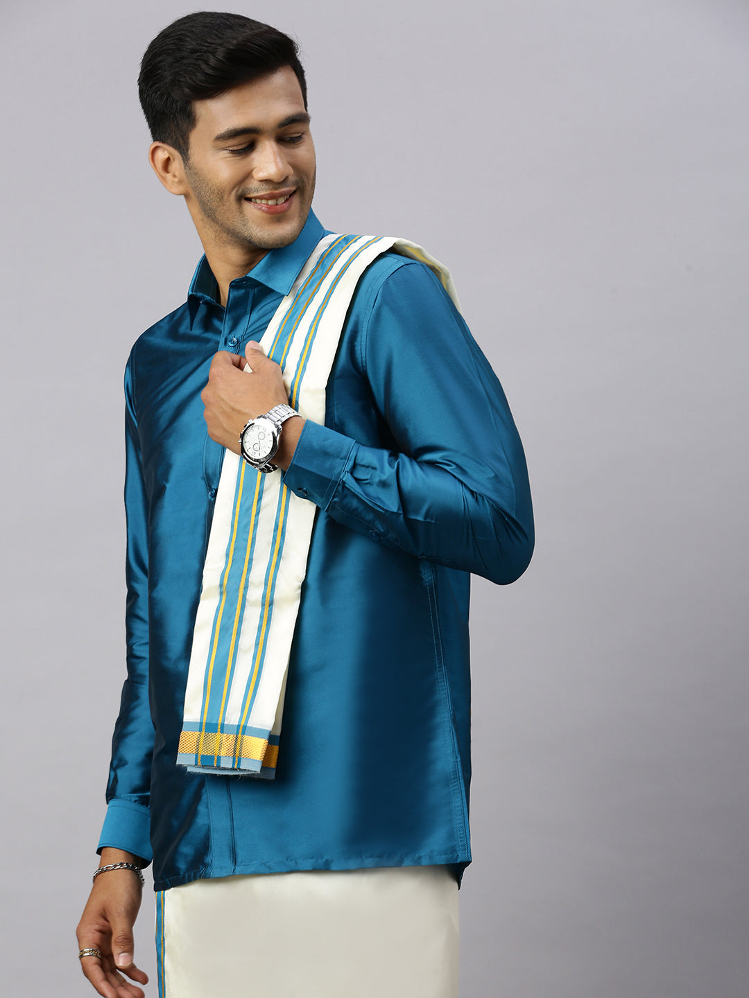 Mens Full Sleeves Ramar Blue Shirt with Matching Border Cream Dhoti & Towel Set