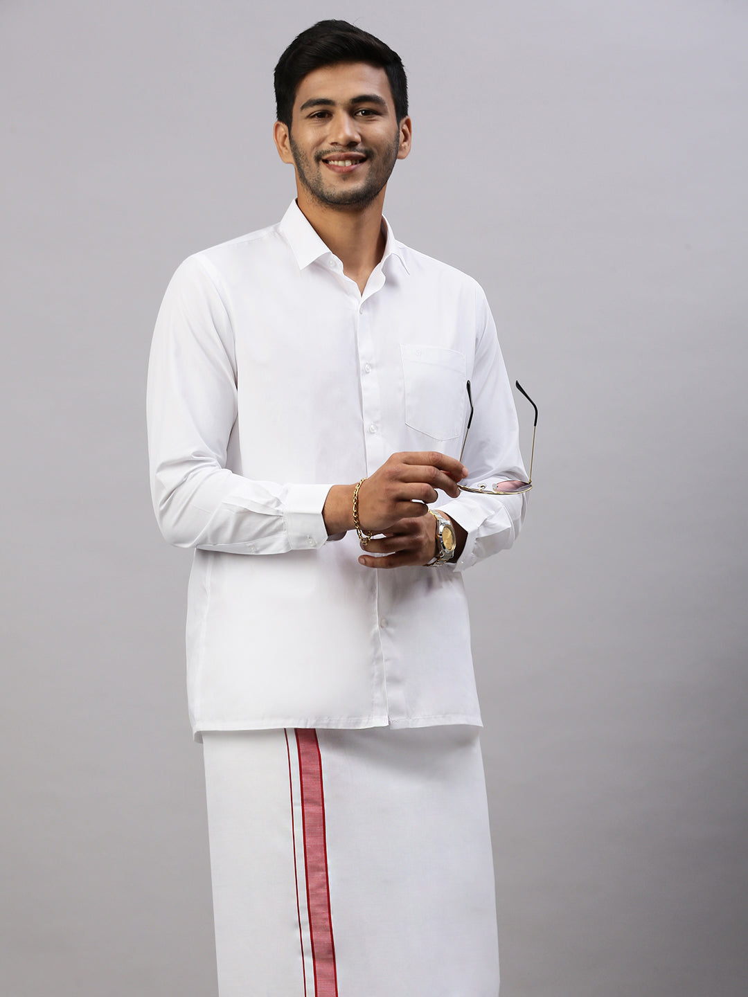 Mens Prestigious Look Cotton Single Dhoti with Red Fancy Border - Winner Plain