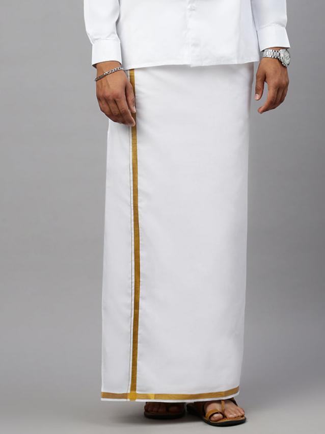 Men 100% Cotton Single Dhoti Cream with 1/2" Gold Zari Border Galaxy