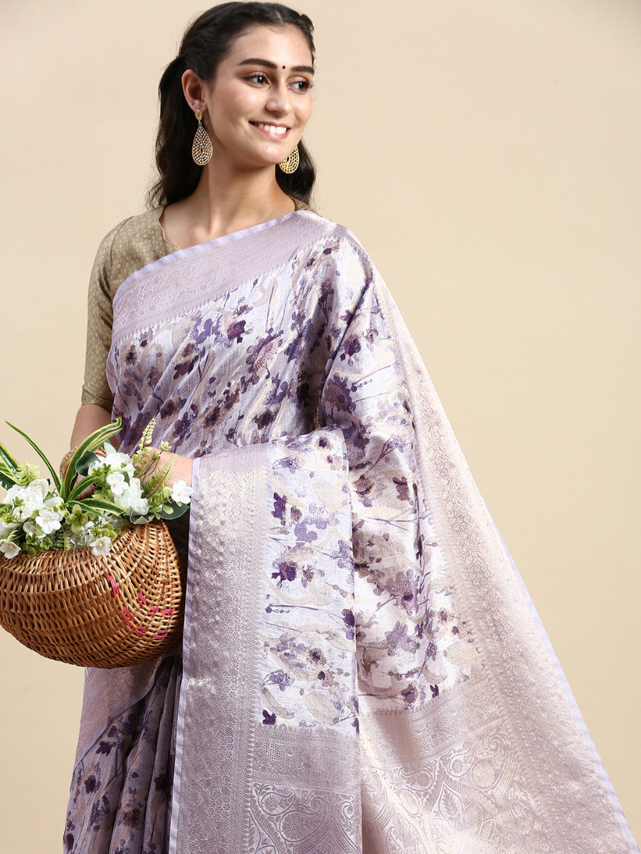 Womens Dola Silk Purple Flower Digital Print with Jari Border Sarees DS04