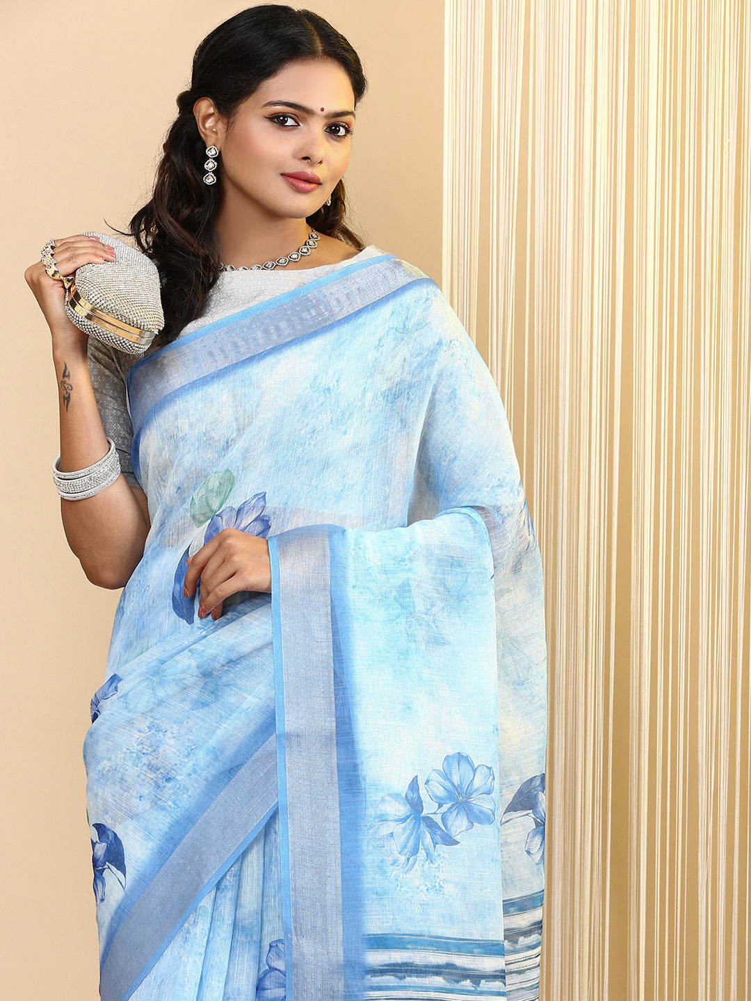 Women Semi Linen Saree Blue SL161