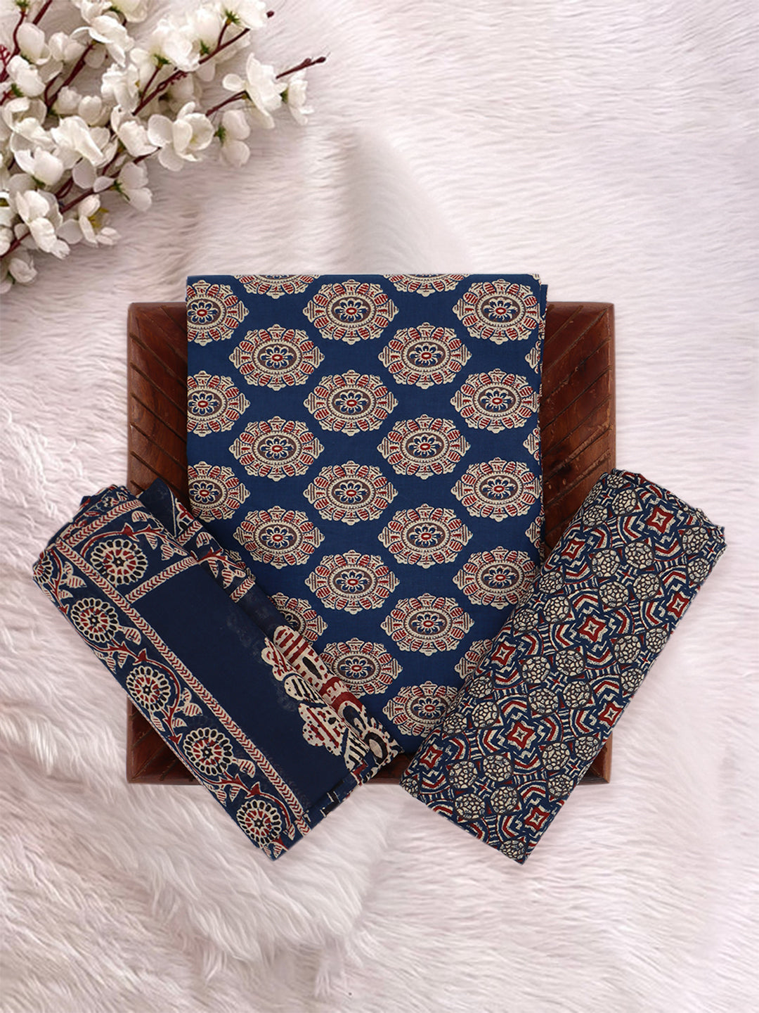 Women Pure Cotton Printed Dress Material Dark Blue DM348