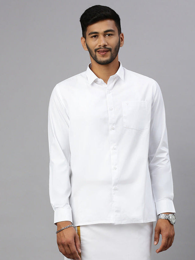 Men White Full Sleeves Shirt with 3/4'' inch  Gold Jari Double Layer Dhoti Combo