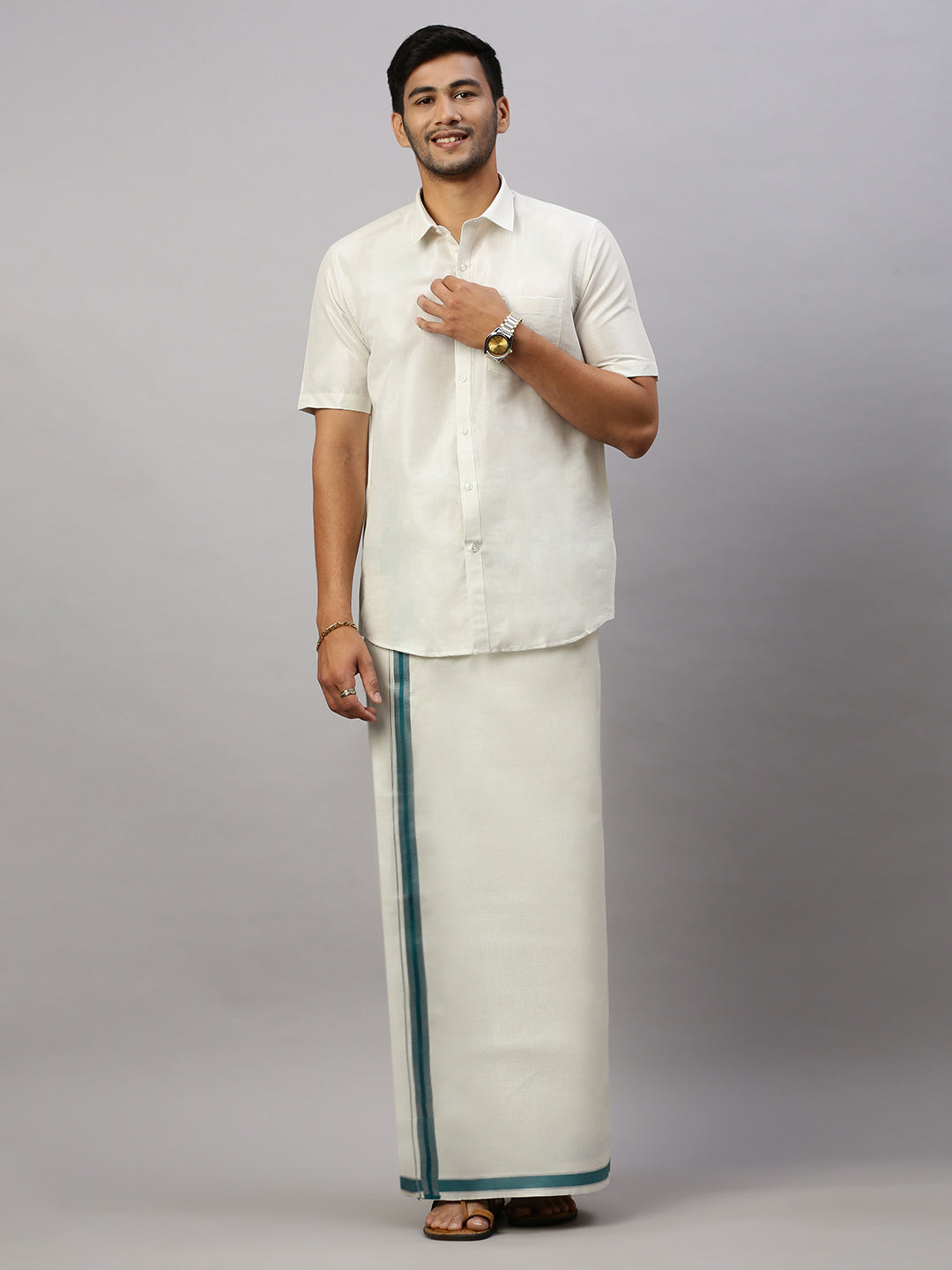 Mens Tissue Green Fancy Border with Silver Single Dhoti - Extreme Silver