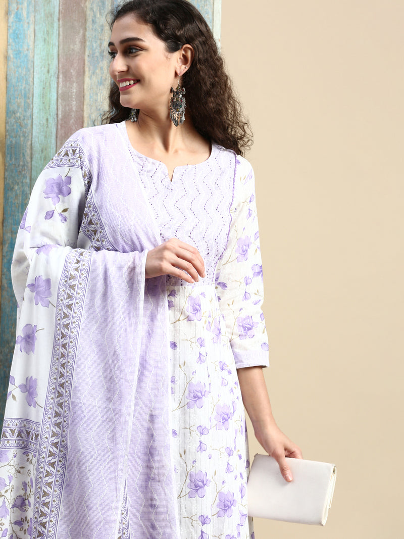 Womens Lavender with White Printed & Embroidered Kurti Set PKS09