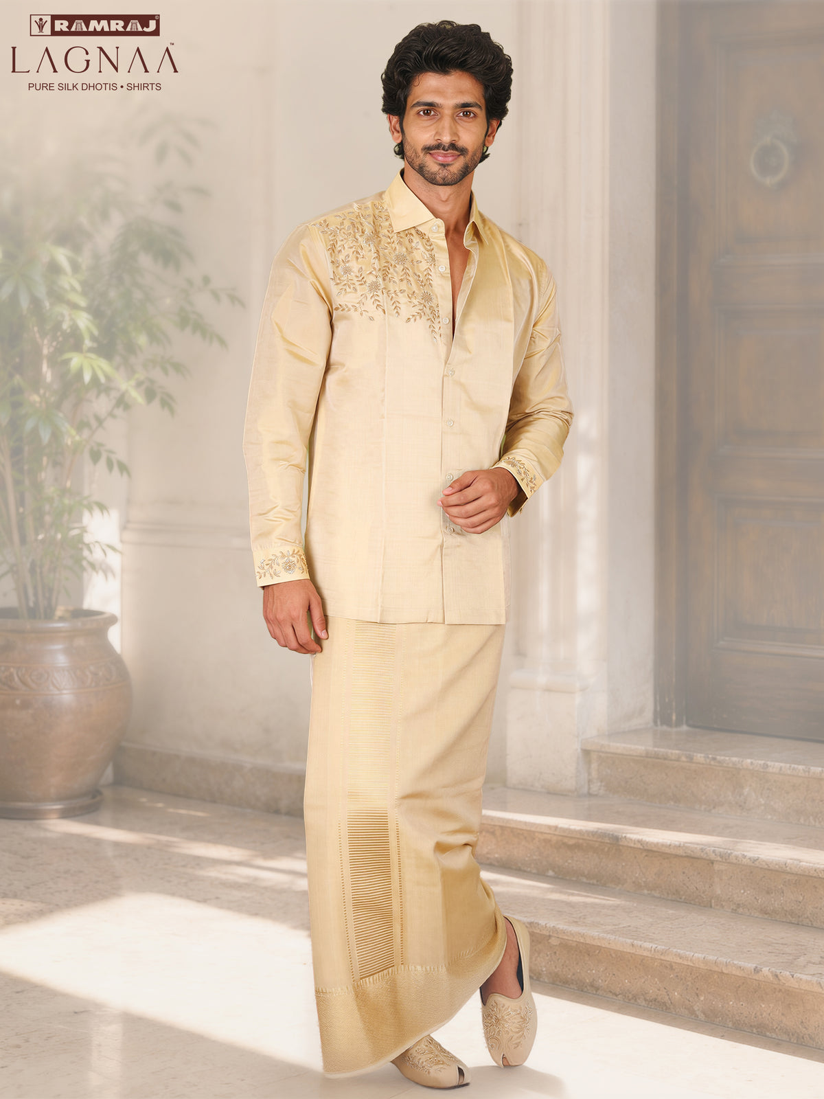 LAGNAA Premium Pure Tussar Silk Hand Embroidered Grand Floral & Leaf Chest Motif Designer Shirt & Dhoti Set | Kanakastra