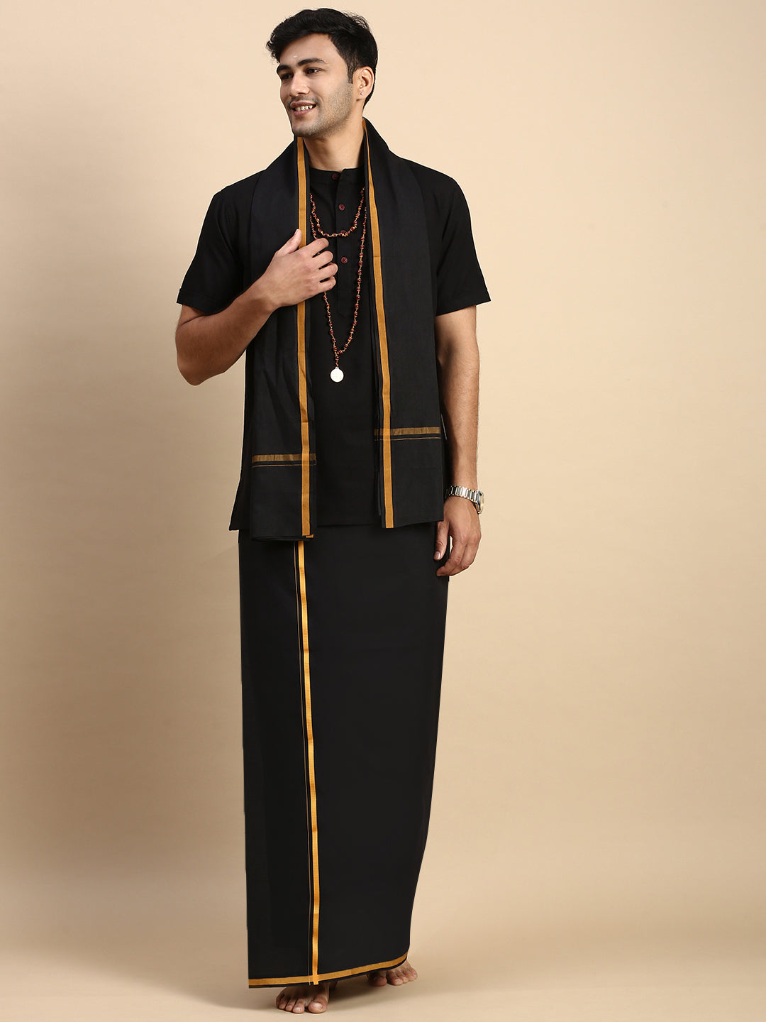 Men Devotional Big Border Dhoti with Towel & Kurta Set Black PB17