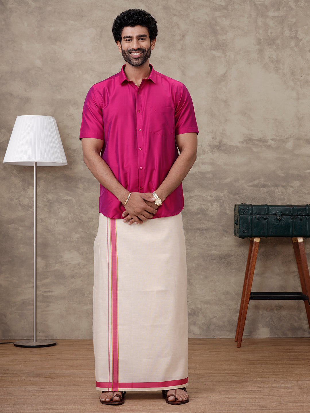 Men Cardinal Pink Silk Cotton Shirt With Matching Border Tissue Dhoti Set CCB Fortune