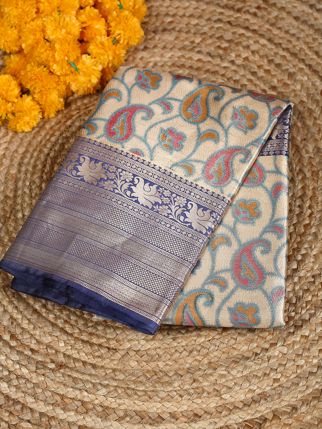 Women Semi Silk Tissue Weaving Saree Gold with Lite Blue SS126