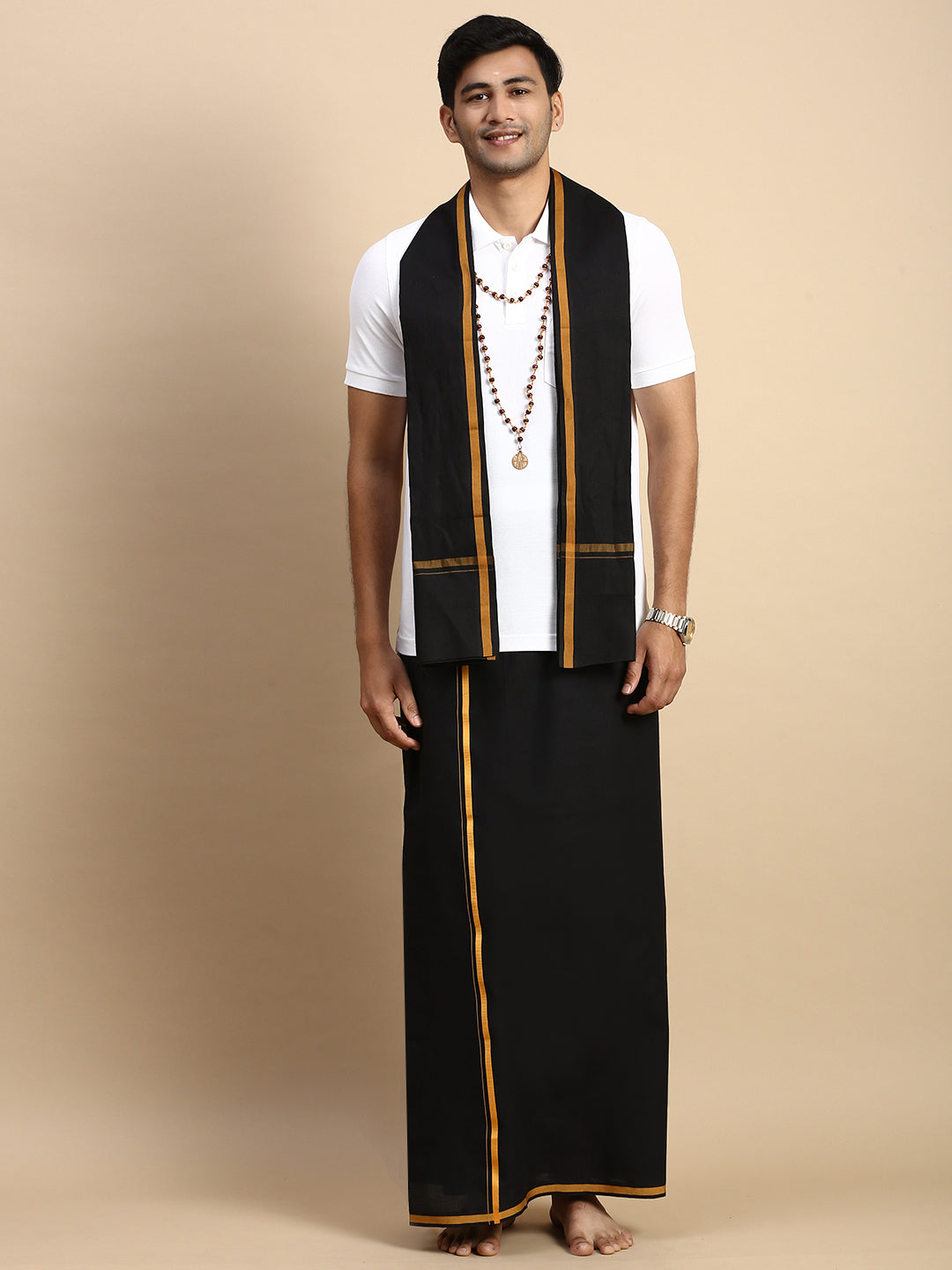 Men Devotional Big Border Dhoti with Towel & TShirt Set Black EP1