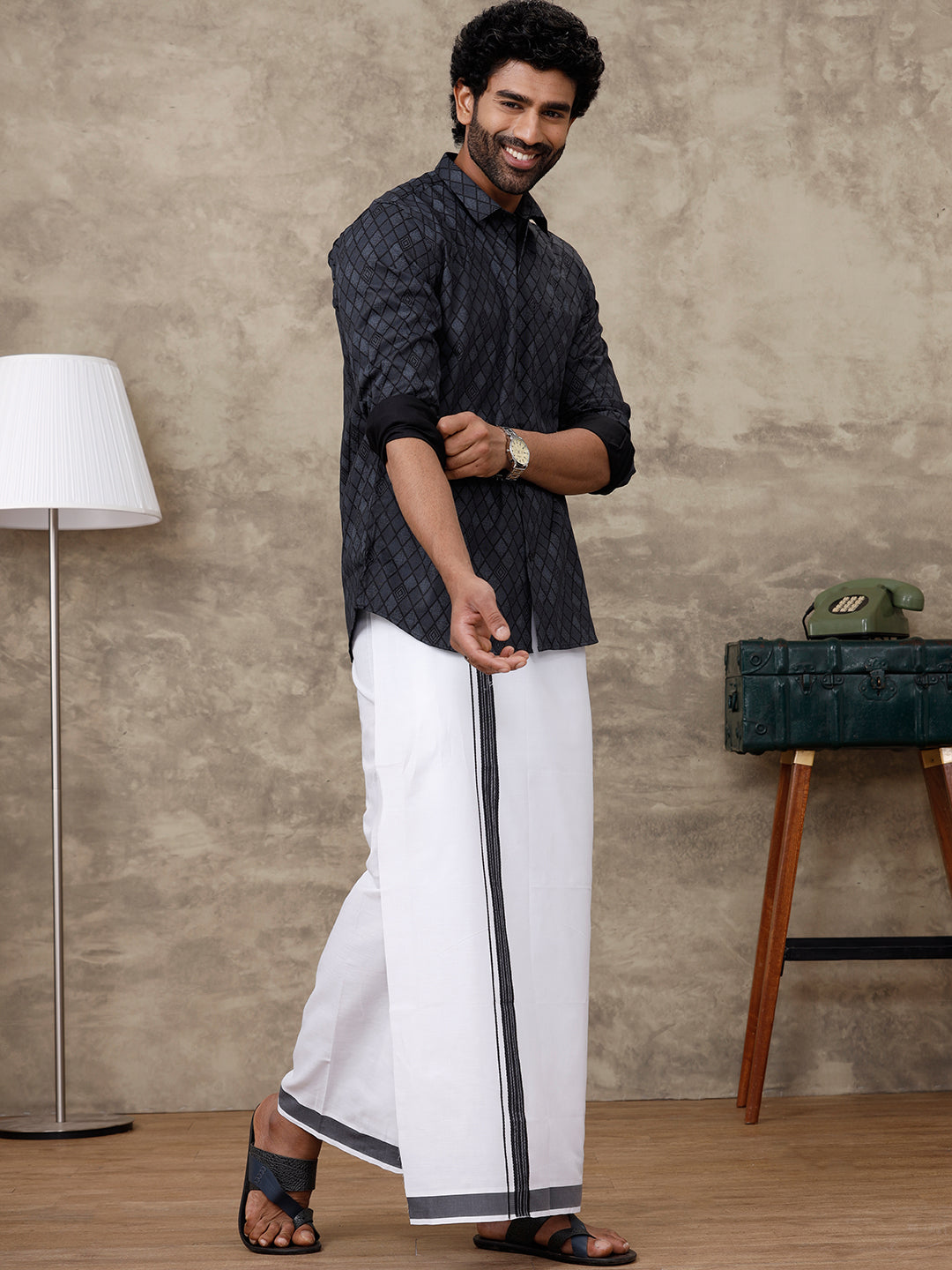 Men Black Matching Border Dhoti With Printed Shirt Set Fusion PS6