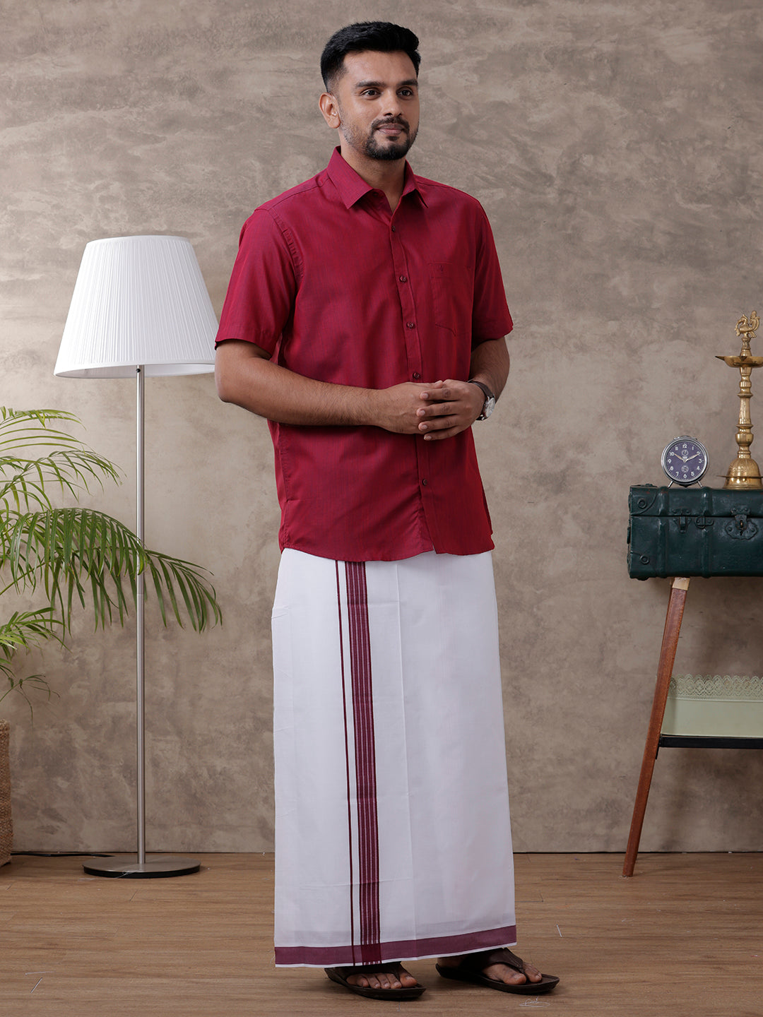 Mens Purple Matching Border Dhoti & Half Sleeves Shirt Set Evolution IC6